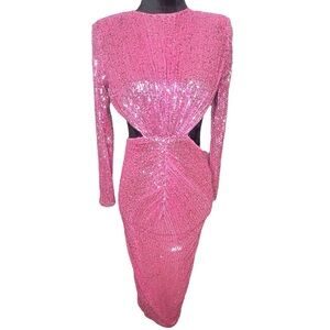 Elegant Barbie Pink Sequin Long Sleeve Backless Cinched Dress Women’s Size Small